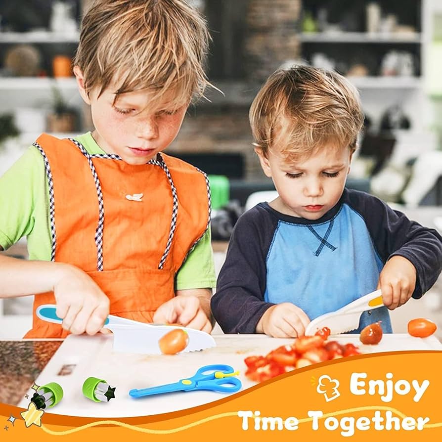 Kids knife set by Problems Solved, 17-piece safety kitchen knives for children, with colorful handles and realistic design for young chefs.