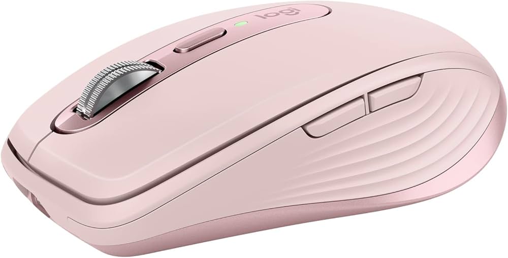 Problems Solved Logitech MX Anywhere 3S compact wireless mouse with fast scrolling and 8K DPI, shown on a desk surface.
