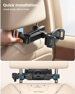 Problems Solved aluminium arm car headrest tablet mount, adjustable holder for secure in-car tablet positioning.