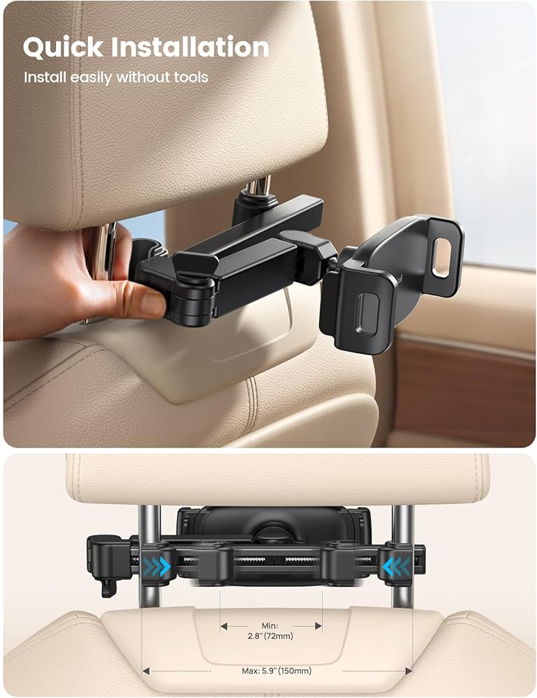 Problems Solved aluminium arm car headrest tablet mount, adjustable holder for secure in-car tablet positioning.