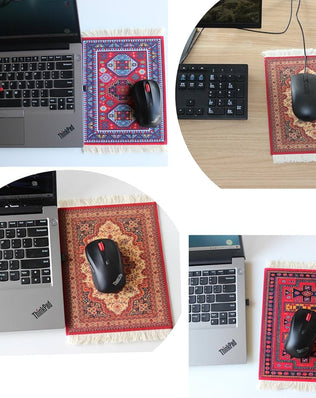 Problems Solved oriental carpet pattern textile mouse mat, mini rug design suitable for desk or workspace decor.