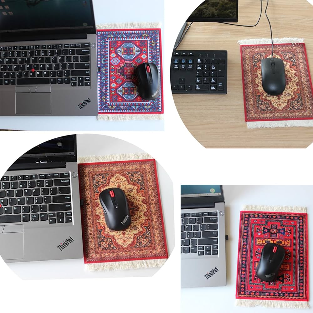 Problems Solved oriental carpet pattern textile mouse mat, mini rug design suitable for desk or workspace decor.