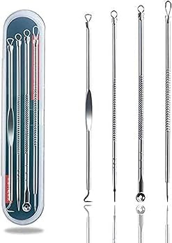 Problems Solved 4-piece blackhead removal tool kit with silver facial care tools and storage box for nose pore cleansing.