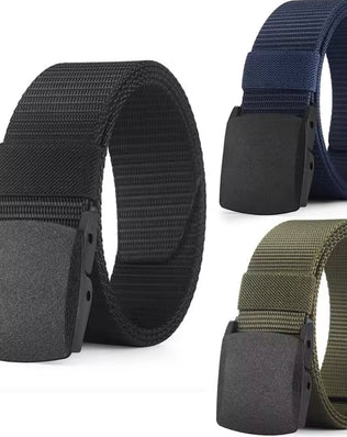 Men's outdoor casual canvas belt by Problems Solved featuring a metal-free design and durable fabric, shown in natural outdoor setting.