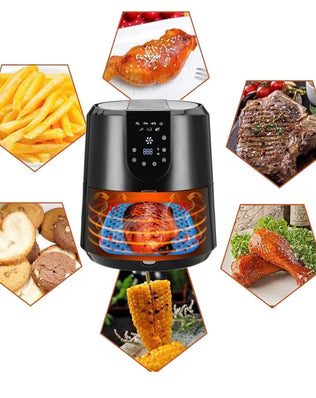 Problems Solved reusable silicone air fryer liners, 8.5-inch square non-stick mats, shown in a kitchen setting.
