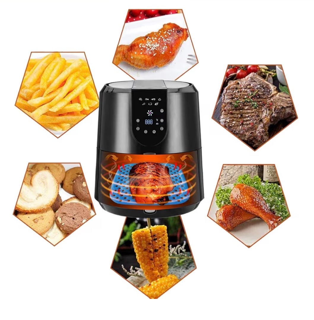 Problems Solved reusable silicone air fryer liners, 8.5-inch square non-stick mats, shown in a kitchen setting.