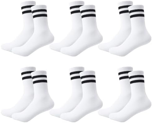 Six pairs of Problems Solved men's breathable striped crew socks featuring athletic and casual styles with vibrant patterns.