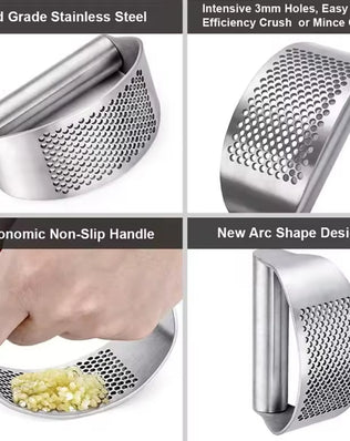 Problems Solved upgraded stainless steel garlic press squeezer, manual kitchen tool for efficiently crushing garlic cloves.