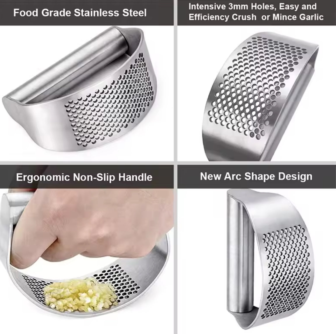 Problems Solved upgraded stainless steel garlic press squeezer, manual kitchen tool for efficiently crushing garlic cloves.