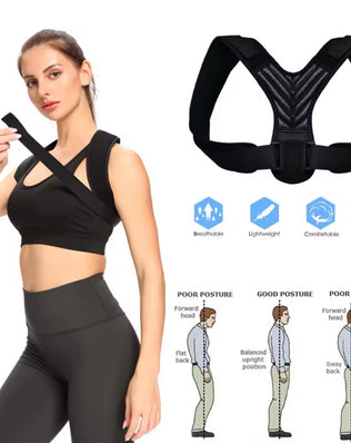Problems Solved posture corrector for men and women, upper back brace with adjustable straps and supportive design.