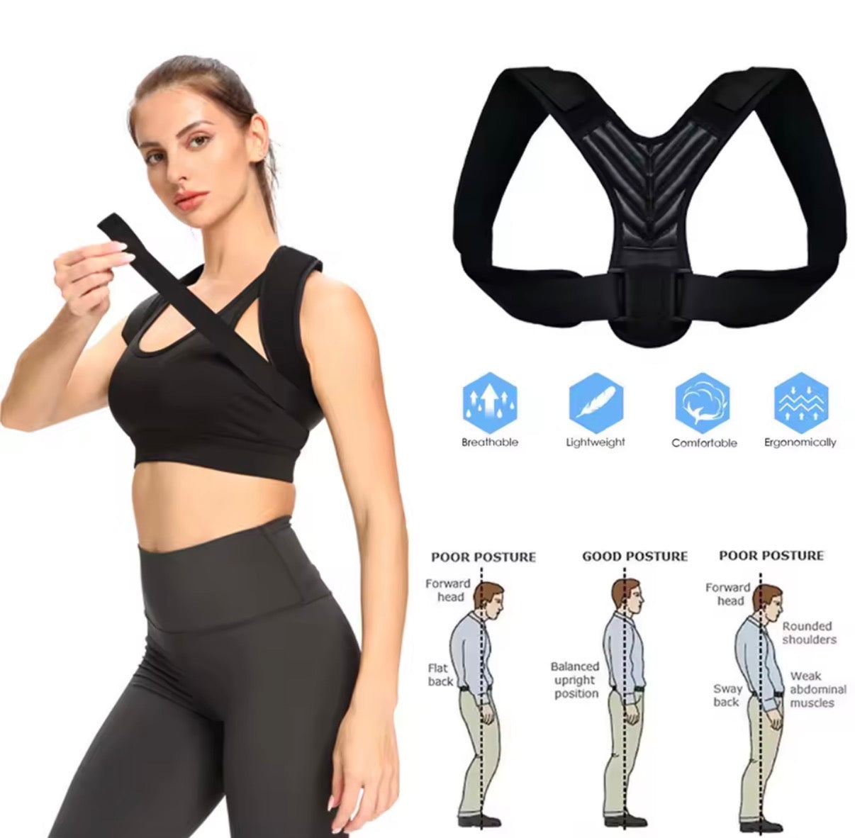 Problems Solved posture corrector for men and women, upper back brace with adjustable straps and supportive design.