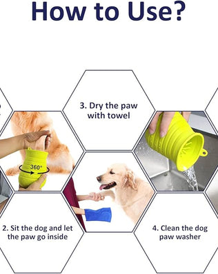 Problems Solved portable silicone dog paw cleaner and foot scrubber with cup for muddy paw cleaning, shown with paw inside the device.