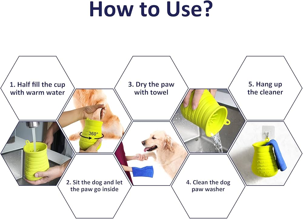Problems Solved portable silicone dog paw cleaner and foot scrubber with cup for muddy paw cleaning, shown with paw inside the device.