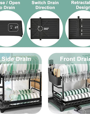 Black 2-tier stainless steel dish drainer with drip tray from Problems Solved, ideal for drying dishes and utensils.
