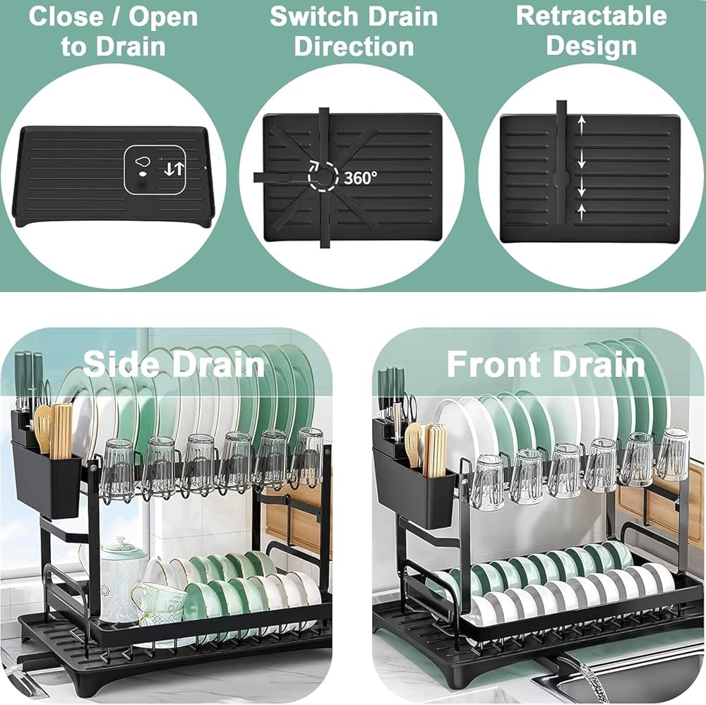 Black 2-tier stainless steel dish drainer with drip tray from Problems Solved, ideal for drying dishes and utensils.