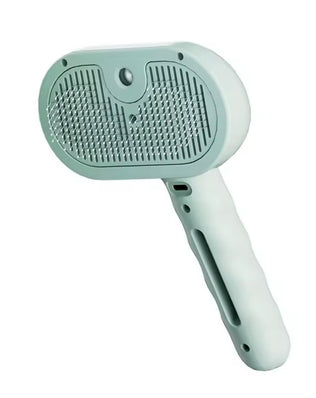 Problems Solved dog steam comb pet massage brush, USB charging, with bristles visible for grooming and deshedding.