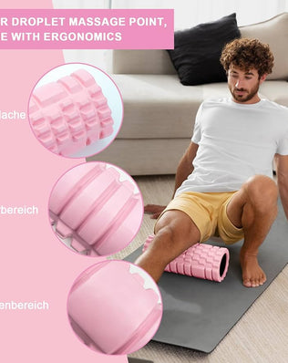Pink Problems Solved Pilates foam roller with yoga column and fascia roller for muscle relief and stretching exercises.