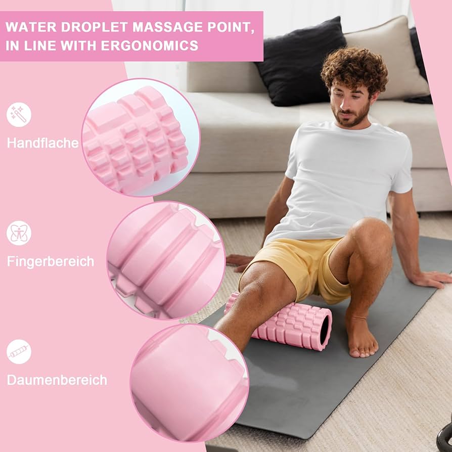 Pink Problems Solved Pilates foam roller with yoga column and fascia roller for muscle relief and stretching exercises.
