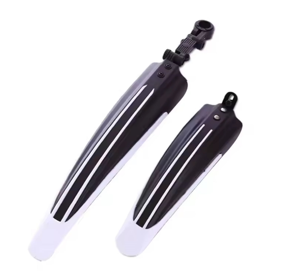 Two Problems Solved bicycle mudguards for mountain and road bikes, lightweight plastic fenders attached to prevent mud splashes.