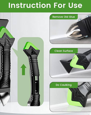 Problems Solved 5-in-1 caulking gun kit with caulk removal tool and putty knife, featuring durable construction and ergonomic handle.