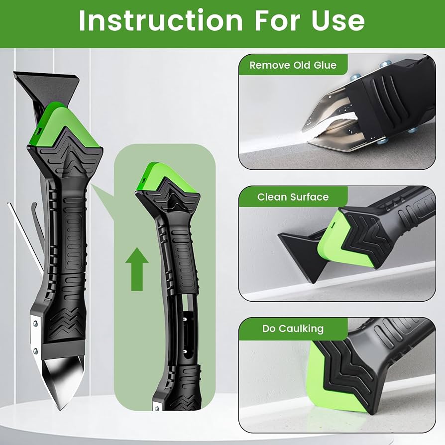 Problems Solved 5-in-1 caulking gun kit with caulk removal tool and putty knife, featuring durable construction and ergonomic handle.