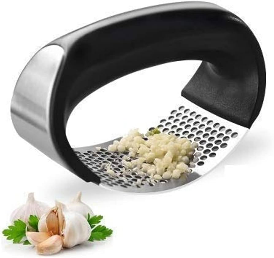 Problems Solved stainless steel garlic press with ergonomic handle and garlic crusher for easy, efficient garlic mincing.
