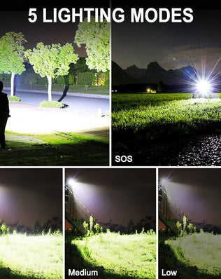 Problems Solved rechargeable LED flashlight with high lumens XHP90.2, super bright tactical flashlight in black, showing front view with beam.