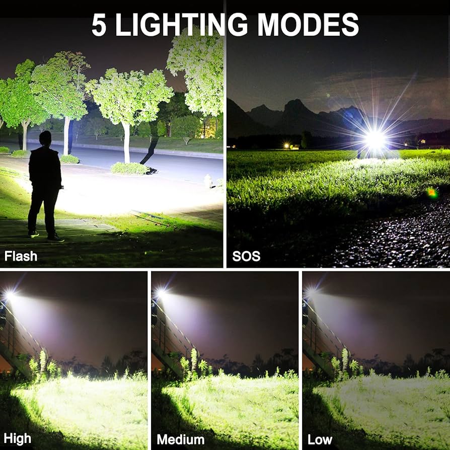 Problems Solved rechargeable LED flashlight with high lumens XHP90.2, super bright tactical flashlight in black, showing front view with beam.
