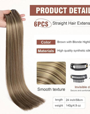 6PCS Clip in Hair Extensions 24" Straight Long Extensions for Women Synthetic Hairpiece