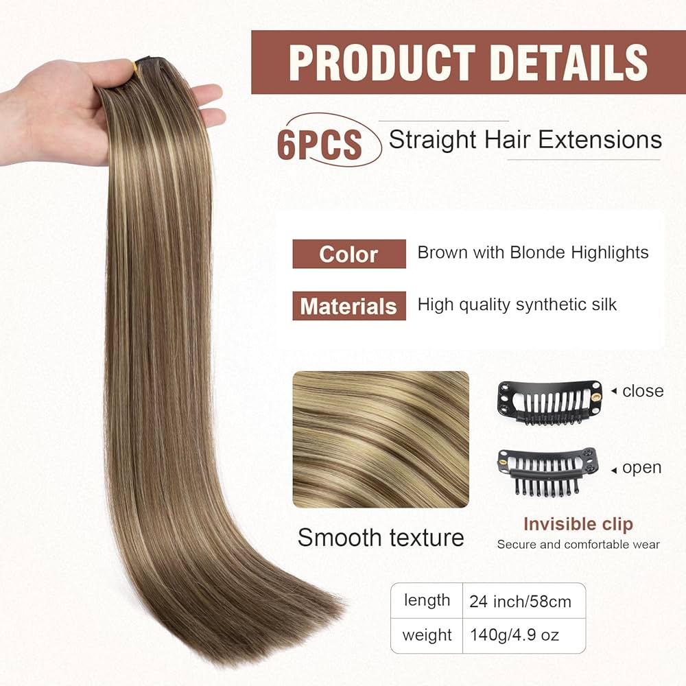 6PCS Clip in Hair Extensions 24" Straight Long Extensions for Women Synthetic Hairpiece