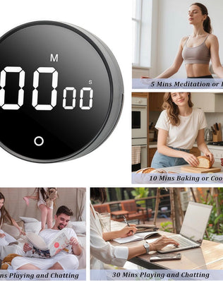 Problems Solved digital kitchen timer with magnetic back, 199-minute countdown and count-up display on a countertop.