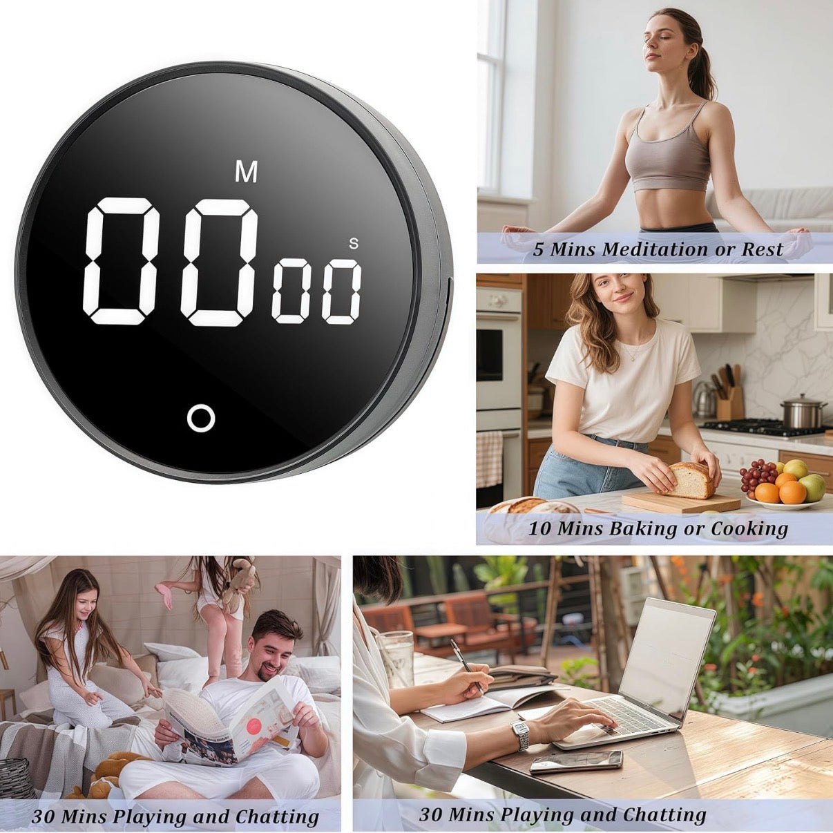 Problems Solved digital kitchen timer with magnetic back, 199-minute countdown and count-up display on a countertop.