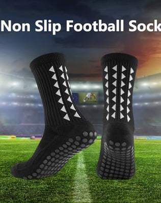 Three pairs of Problems Solved men's non-slip football grip socks with reinforced heels and grips for better traction during play.