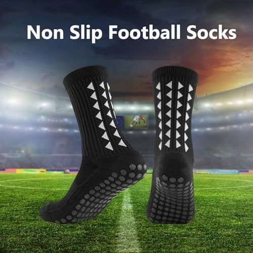 Three pairs of Problems Solved men's non-slip football grip socks with reinforced heels and grips for better traction during play.