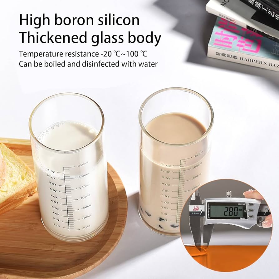 Problems Solved 350ml glass measuring cup with double scale, heat and cold resistant borosilicate, clear and durable for kitchen use.