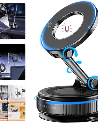 Problems Solved upgraded magnetic phone holder with 360° rotation, adjustable and foldable design, holding a smartphone securely.