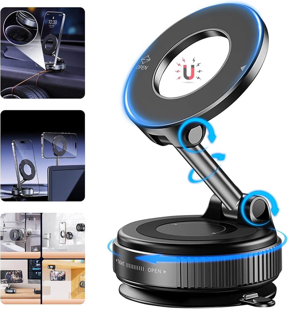 Problems Solved upgraded magnetic phone holder with 360° rotation, adjustable and foldable design, holding a smartphone securely.