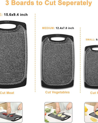 Problems Solved chopping boards set featuring multiple cutting boards in various sizes, ideal for kitchen food prep.