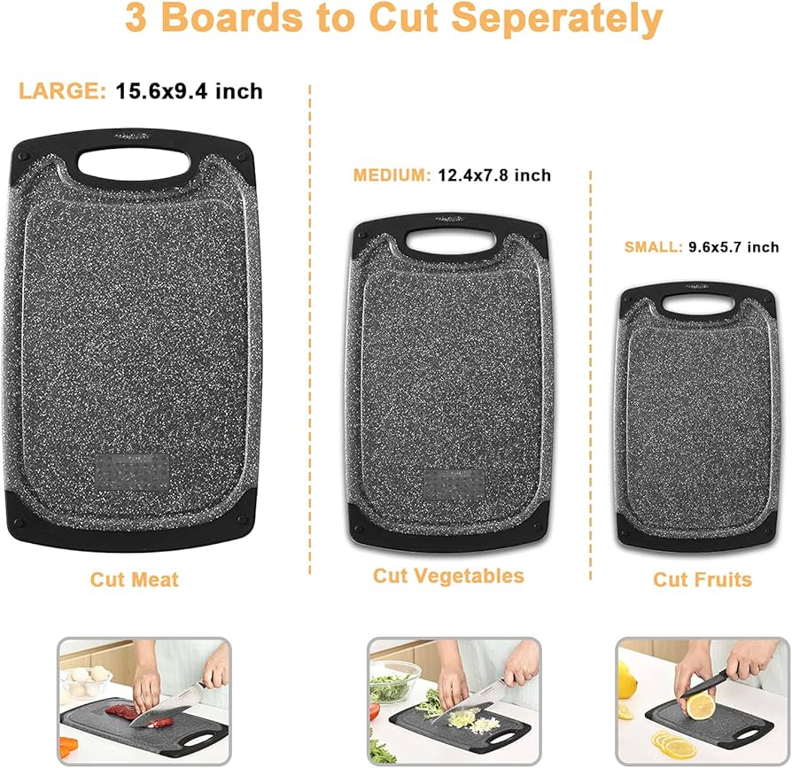 Problems Solved chopping boards set featuring multiple cutting boards in various sizes, ideal for kitchen food prep.