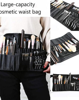 Problems Solved makeup brush cosmetic bag with organized compartments, ideal for makeup artists and beauty enthusiasts.