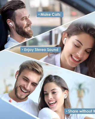 Wireless Earbuds Bluetooth 5.0 with noise cancelling from Problems Solved, shown in sleek black, with charging case and in-ear design.