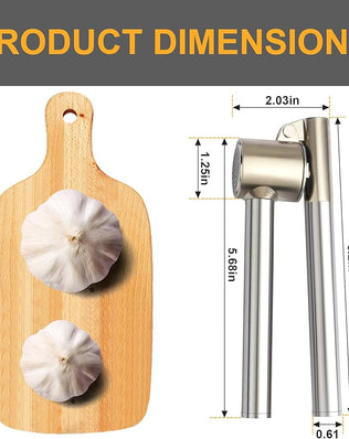 Problems Solved stainless steel garlic press with ergonomic handle, designed for easy mincing and crushing garlic cloves.