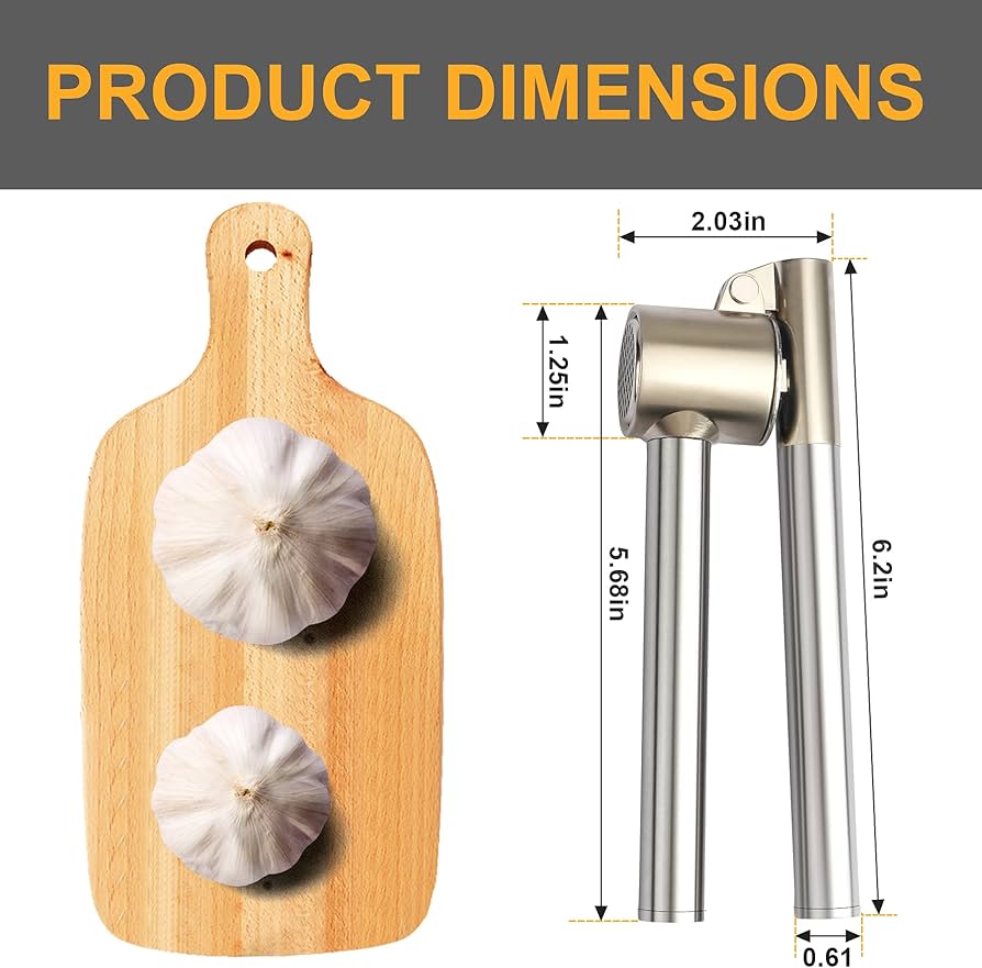 Problems Solved stainless steel garlic press with ergonomic handle, designed for easy mincing and crushing garlic cloves.