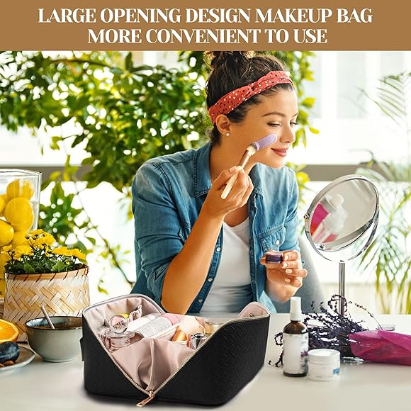 Leather waterproof makeup bag by Problems Solved, portable cosmetic case for women with organized interior and sleek design.