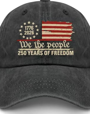 Retro washed printed U.S. 250th anniversary baseball hat by Problems Solved, featuring vintage-style design and commemorative print.