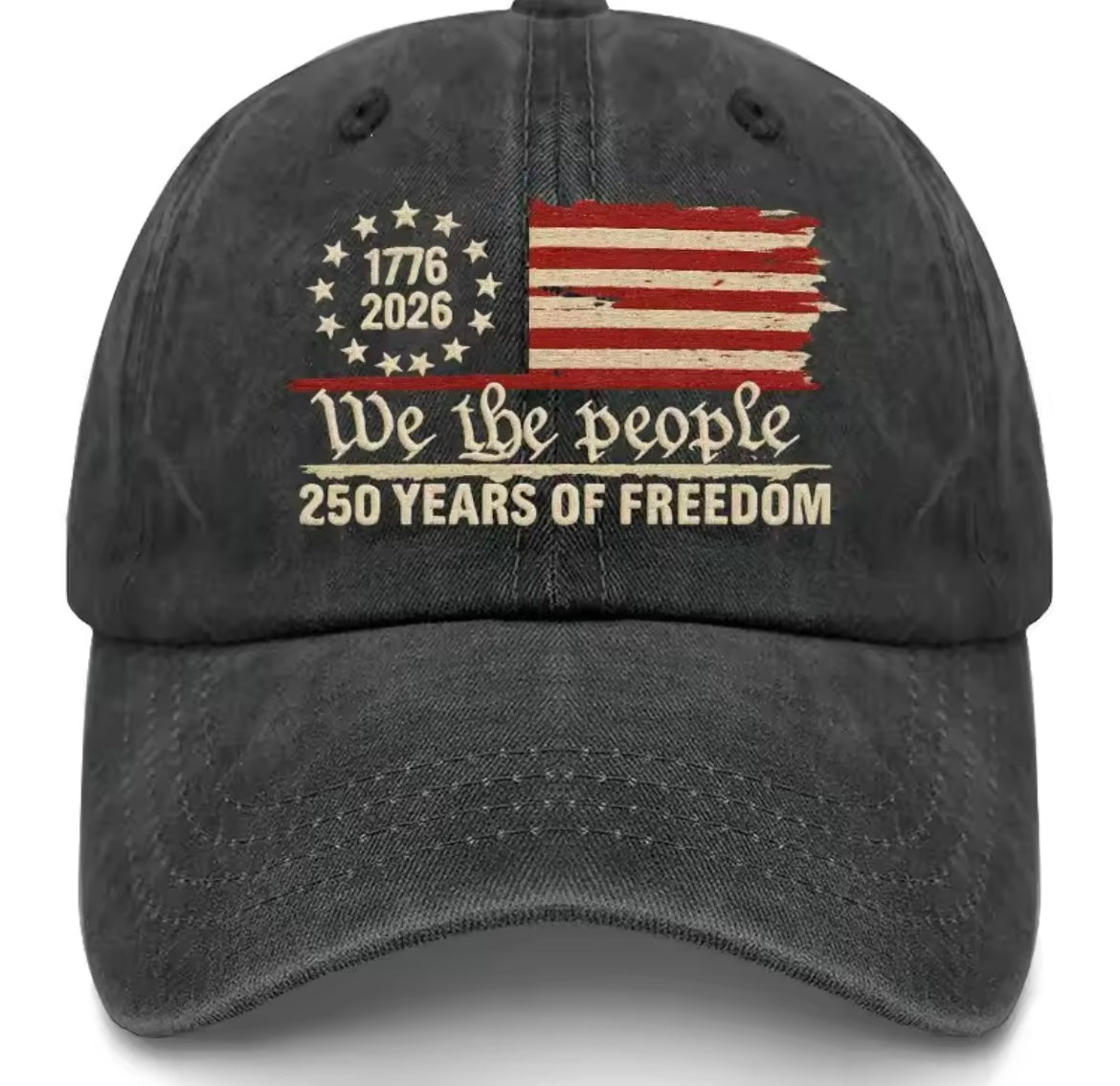 Retro washed printed U.S. 250th anniversary baseball hat by Problems Solved, featuring vintage-style design and commemorative print.