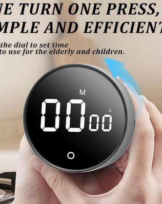 Digital Kitchen Timer by Problems Solved with magnetic back, showing a 199-minute countdown on a countertop.