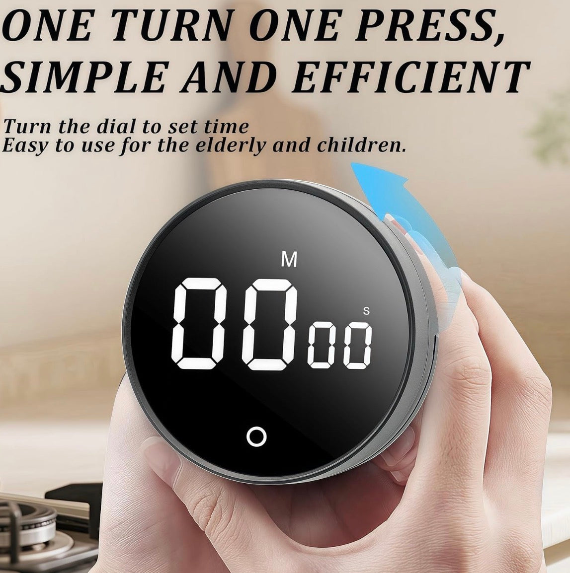Digital Kitchen Timer by Problems Solved with magnetic back, showing a 199-minute countdown on a countertop.
