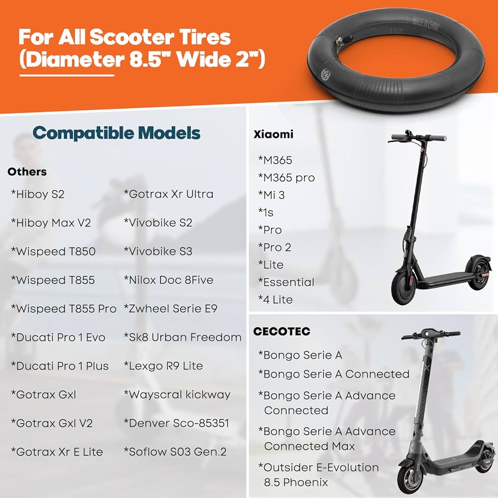 Problems Solved 8.5-inch inner tube for electric scooter, compatible with various scooter models, shown inflated with valve visible