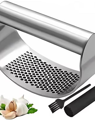 Stainless steel garlic press squeezer by Problems Solved, showing its durable manual design and sleek metal construction.